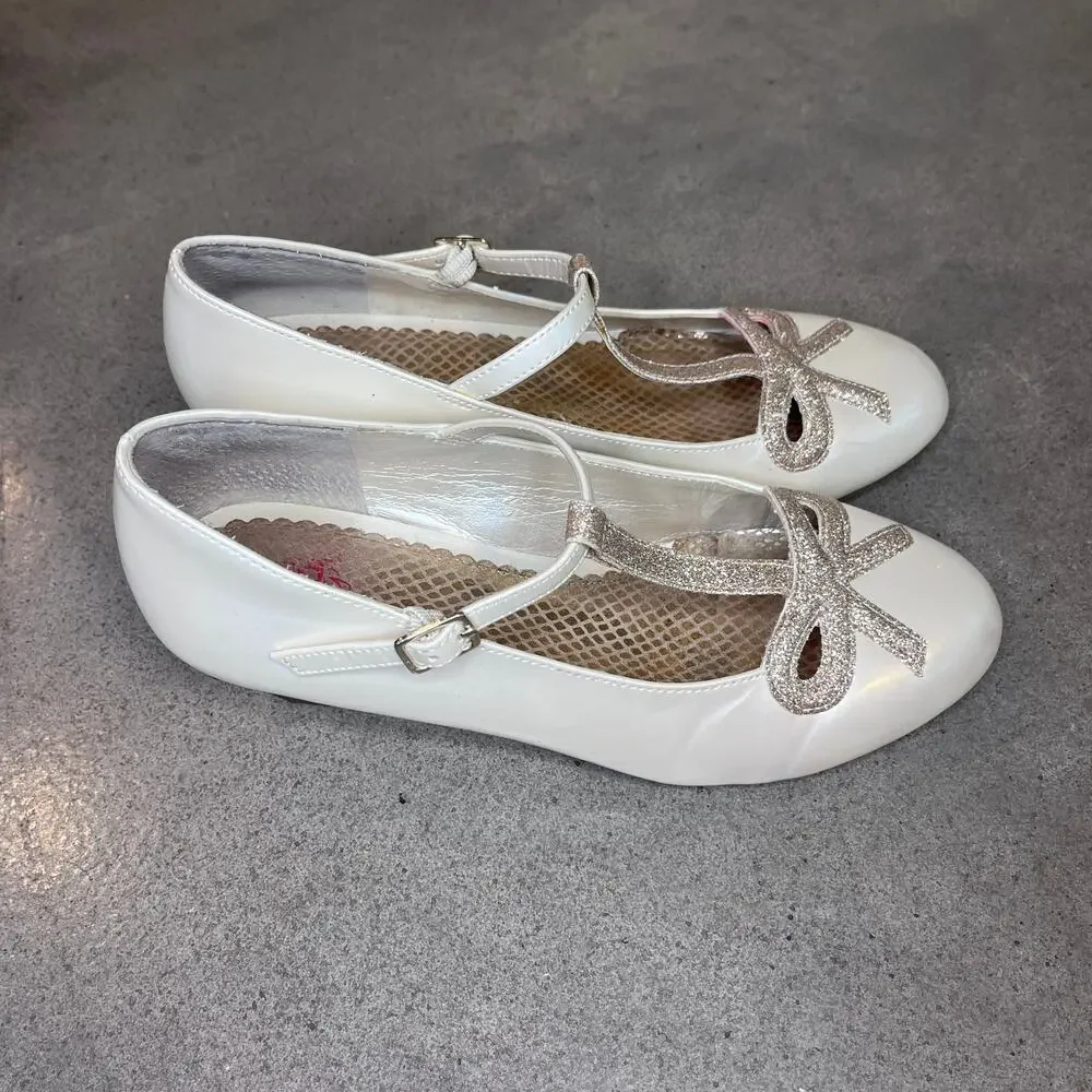 Gianni Bini girls Ivory cream gold bow low wedge heel formal dress shoes size 3